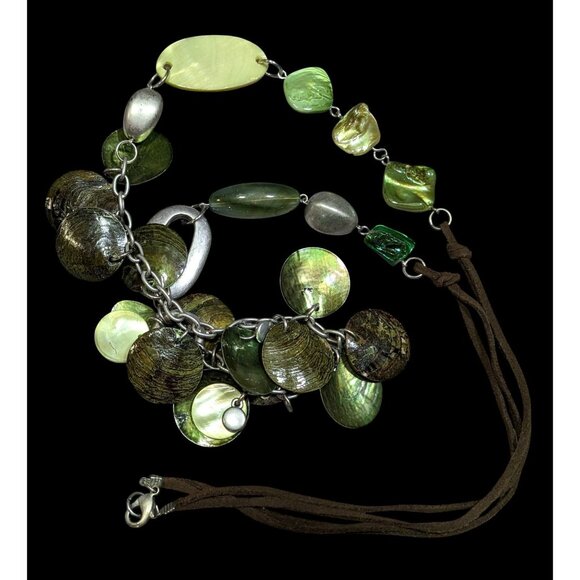 Bohemian Green Shell And Metal Beaded Necklace On Brown Suede Cord - Picture 1 of 8